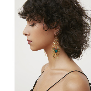 小夜曲工坊 aida 叠翠流金 孔雀翠羽金色流苏 水晶耳环无耳洞耳夹