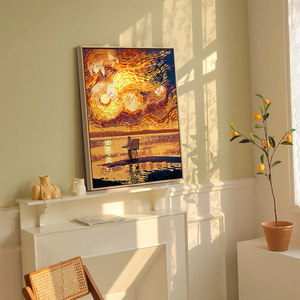 梵高太阳橘猫客餐厅艺术油画现代北欧抽象暖色系卧室玄关装饰画