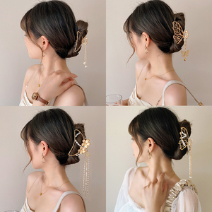 珍珠流苏抓夹后脑勺头发夹子头饰发夹女夏简约气质发抓鲨鱼夹发卡