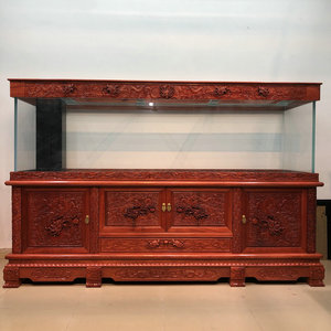 实木鱼缸定制缅甸花梨红酸枝木大型办公室超白玻璃龙鱼缸水族箱柜