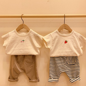 ins韩版夏装宝宝短袖T恤长裤两件套薄款男女童套装婴儿上衣空调裤