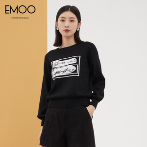 EMOO杨门秋冬黑字母logo装饰宽松圆领针织衫线衣毛衣线衫