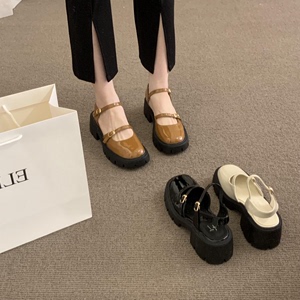 韩版小众网红高跟凉鞋2024夏季新款时尚漆皮包头一字带玛丽珍单鞋