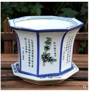 蓝彩陶瓷花盆 赠托盘 八角形陶瓷古典复古阳台室 青花绿植瓷花盆