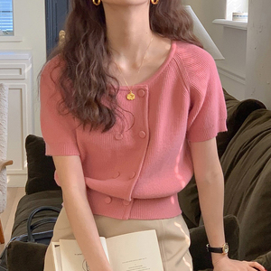 2022夏季新款复古法式粉色修身双排扣气质泡泡袖针织衫短款上衣女
