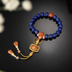 清代天然青金石镂空圆珠花丝南红背云玛瑙配饰复古宫廷十八子手持