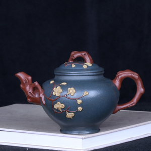 台湾回流老茶壶宜兴原矿紫砂名家早期汪寅仙纯手工茶具墨绿泥报春