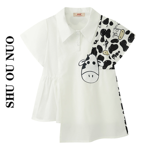 奶牛图案印花不对称衬衫女2023春夏设计感小众白色上衣韩版娃娃衫