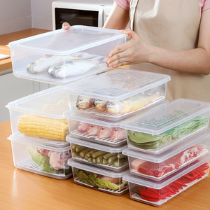 日式冰箱收纳盒鱼肉冷冻沥水保鲜盒塑料长方形带盖厨房神器冷藏盒