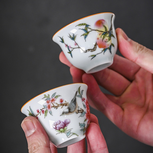 寿桃花鸟家用茶杯影青陶瓷功夫茶杯盖碗茶杯喝茶杯单杯红茶杯
