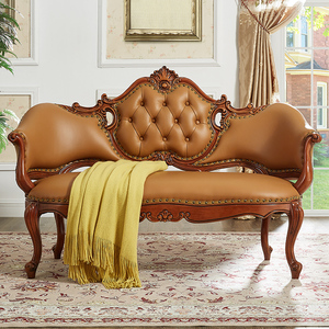 美式全实木贵妃椅真皮沙发椅客厅雕花洽谈椅休闲椅欧式躺椅床尾凳