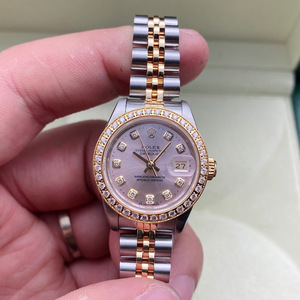 二手正品劳力士日志69173g女士机械腕表粉色盘面 18k黄金精钢材质