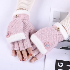 毛线手套女冬学生保暖可爱翻盖半指可爱韩版卡通保暖写字针织手套