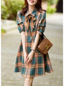 日本高端外贸出口尾单品牌剪标女装法式甜美泡泡袖格子衬衫连衣裙