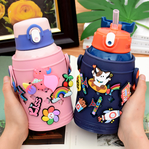 斜挎水杯儿童保温杯带吸管两用男女可背便携小学生双盖不锈钢水壶
