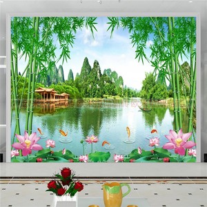 客厅电视背景墙瓷砖绿色荷花装饰瓷鱼荷花竹子江山风景瓷砖山水画