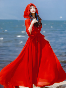 茶卡盐湖拍照衣服红色连衣裙 青海湖旅游穿搭草原长裙沙漠红裙子