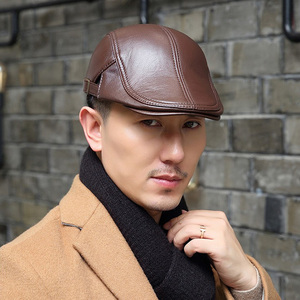 皮帽春秋帽子男士羊皮单帽中老年爸爸鸭舌帽前进帽真皮贝雷帽50岁