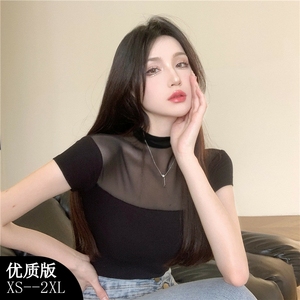 网纱拼接短袖t恤女韩版时尚蕾丝纯欲女装夏季辣妹小众黑色上衣潮