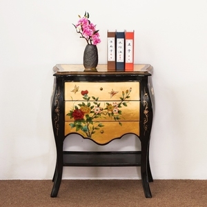 新中式家具现代手工彩绘贴金箔实木床头柜明清古典卧室小柜边几