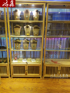 新中式老榆木免漆玻璃展柜带射灯展示架实木置物架禅意茶室茶叶柜