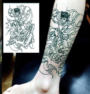 哪吒闹海线条花臂花腿防水持久纹身贴男女款割线哪吒抽龙筋刺青色