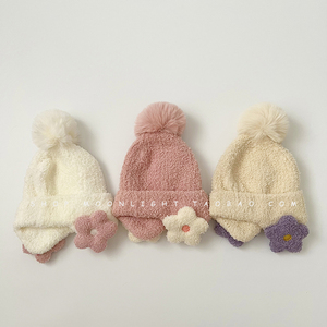 韩版大花儿童毛线帽男女童秋冬季婴儿加厚保暖宝宝针织护耳帽子