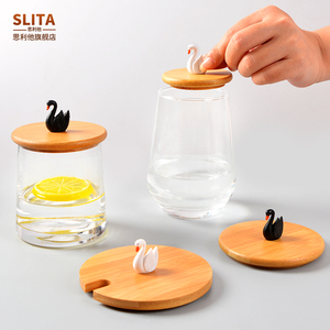 天鹅杯盖通用木质茶杯单卖可放勺马克杯玻璃杯竹木盖子圆形水杯盖