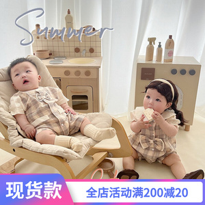 韓夏季新生嬰兒滿月宴龍鳳寶寶連體可愛蝴蝶結雙胞胎格子哈衣爬服