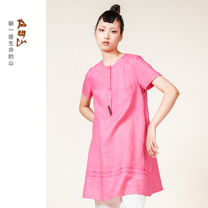 指间沙棉麻女装2020夏季新款短袖圆领中长款宽松亚麻刺绣上衣女