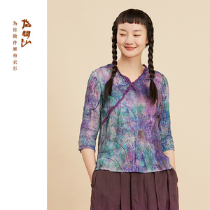 指间沙原创设计女装2022年夏季新款七分袖修身民族风棉麻印花上衣