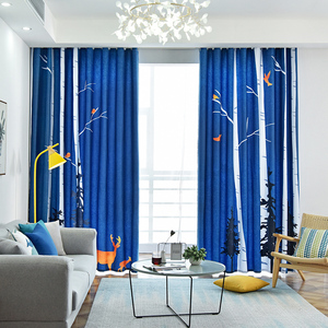 蓝色森林系北欧简约窗帘鹿图案2022年新款卧室客厅全遮光飘窗挂钩