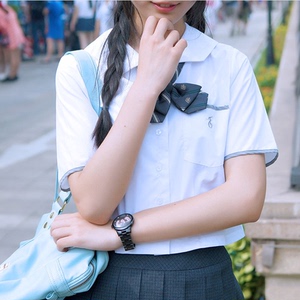 日本幼稚园jk制服丸襟高中生圆领衬衫褶下摆褶皱软妹校服短袖衬衫