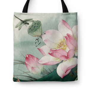 中式复古荷花纵向大号拉链帆布包手提袋单肩包书包托特包来图定制
