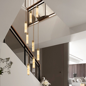 极简全铜玉石楼梯灯长吊灯现代简约新中式旋转平台复式楼住宅灯具
