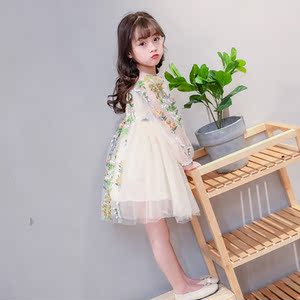 女童连衣裙春装2018新款刺绣网纱裙蓬蓬裙蕾丝公主裙小女孩白裙子