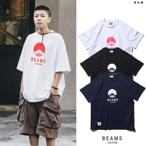 BEAMS JAPAN短袖男T恤夏装圆领宽松半袖潮牌印花男士肥大码五分袖