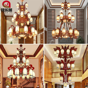 中式古典寺庙大吊灯中国风实木陶瓷别墅客厅复式楼梯中空三层大灯