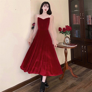 法式宫廷风小众礼服长裙秋冬大码胖mm网纱拼接显瘦遮肚红色连衣裙