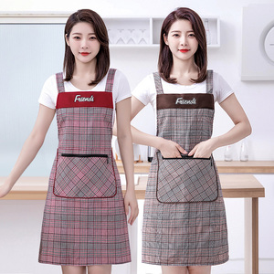 时尚新款网红棉布围裙家用厨房做饭工作服女洋气格子透气背带围腰