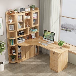 实木转角书桌书架组合一体儿童学习写字桌家用卧室台式办公电脑桌