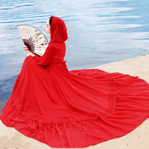 大红色连衣裙沙漠旅游长裙子云南青海湖拍照度假沙滩裙女海边红裙