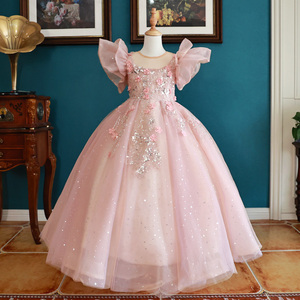 出租女童礼服高端粉色婚纱主持人钢琴演出服儿童走秀生日宴会公主