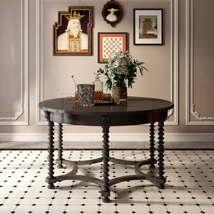 法式复古黑色实木餐桌现代简约做旧雕花小圆桌小户型餐厅四人饭桌