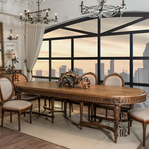 法式实木长餐桌欧式新古典别墅餐厅椭圆饭桌组合实木餐椅定制家具