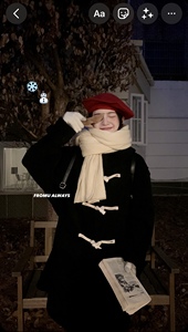 FROMU自游 韩剧女主的初冬 牛角扣黑色连帽加绒学院棉衣大衣外套