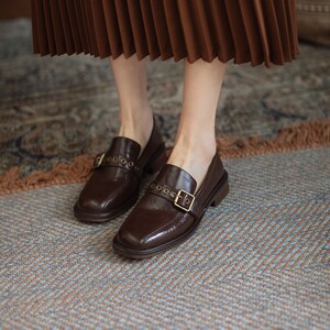 复古小皮鞋女英伦风咖色学院乐福鞋女粗跟单鞋中跟真皮圆头