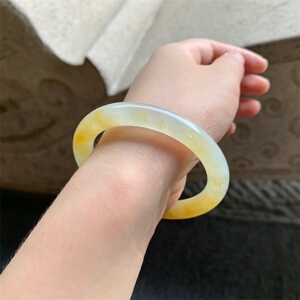 传奇红楼 圆条52 冰糯种冰黄黄翡种水翡翠手镯 黄色玉手镯