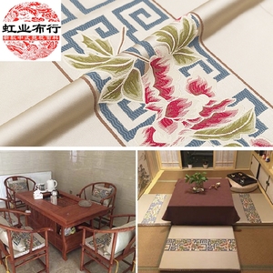 中式提花回纹牡丹花边布织锦缎红木沙发坐垫抱枕绸缎布料桌旗桌布
