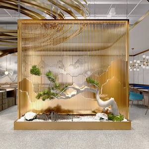 不锈钢屏风背景墙假山酒店镂空隔断山水画售楼部前台格栅庭院屏风